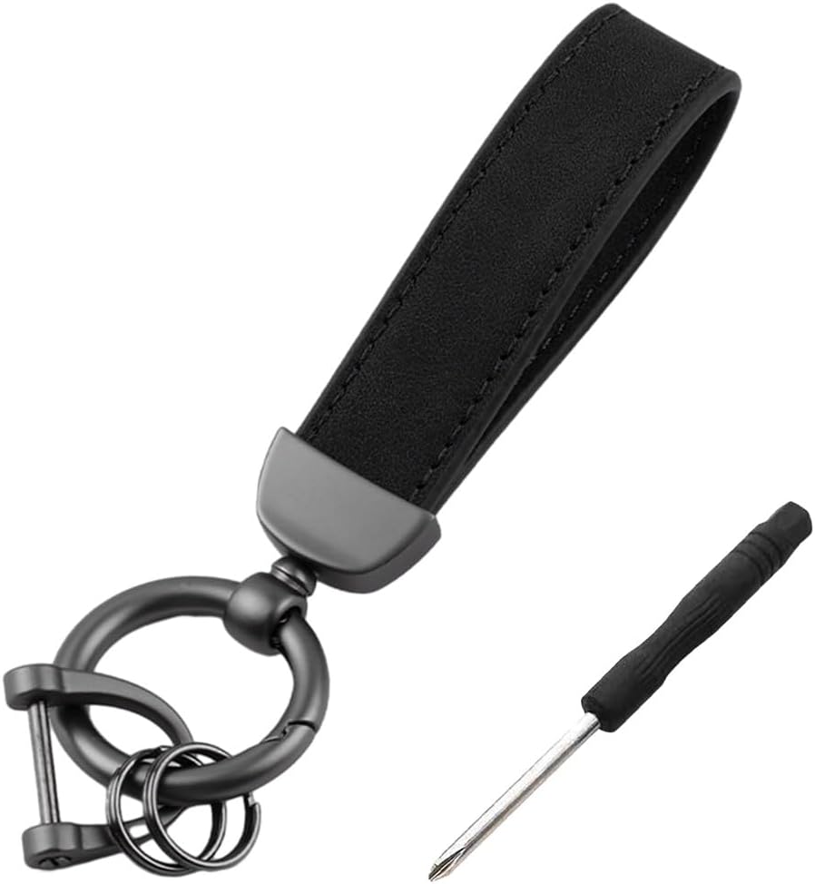 Kewucn Genuine Leather Car Keychain, Universal Heavy Duty Metal Auto Key Fob Holder with Anti Lost D-Ring for Men Women (Black-Black)