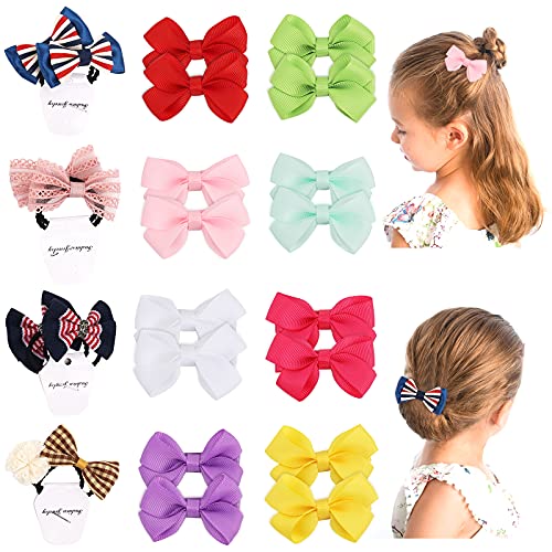 24 Pcs Boutique Grosgrain Ribbon Pinwheel Hair Bows Alligator Clips and Baby Girl Hair Ties, Boutique Hair Bows, Snap Hair Clips Tiny Bow Non Slip Barrettes Hair Accessories for Girls Babies Toddlers Teens Gifts