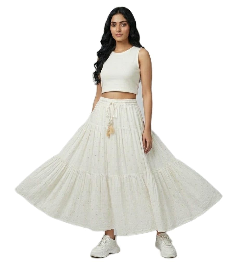 White Gold Dot Printed, Wrinkle, Flared, 3 Tiered Long Skirt, for Girls, Women, Ethnic wear, Travel & Vaction outings wear-image-15