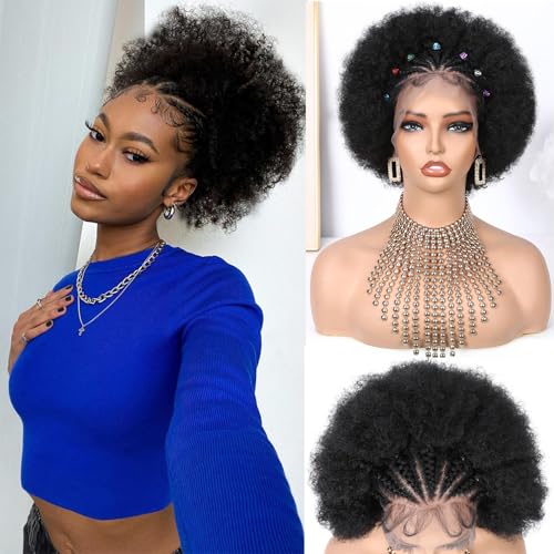 WIGER Glueless Braided Wigs for Black Women Cornrow Braided Full Lace Wigs 13x4 Kinky Curly Wig Afro Puff Lace Frontal Hair Wigs Pre Plucked Synthetic African American Wig for Daily Wear Nat
