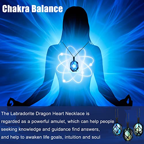 Kingdder Natural Labradorite Pendant Necklace, Hand-woven Rope Healing Crystal Stone Holder Necklace with Adjustable Length for Women Men3