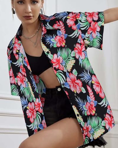 Image of Women Hawaiian Shirt Button Down Summer Tops Beach Short Sleeve Blouse