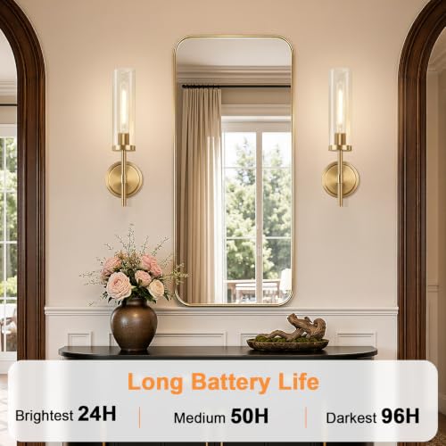 Image of Battery Operated Wall Sconce Set of 2,Brushed Gold Wireless Rechargeable Wall Lighting Fixtures with Remote Control,Dimmable Wall Light for Bathroom ,Vanity, Living Room, Bedroom, Hallway, Stairway