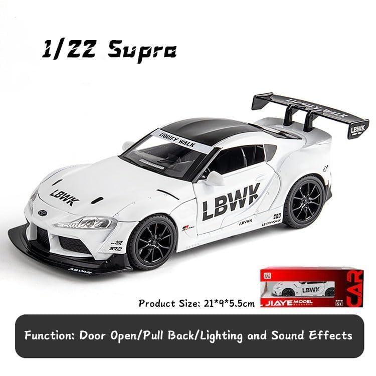 Image of PINQUE Kids 1:24 Toyota Supra GR LBWK Diecast Alloy Metal Pull Back Car With Openable Doors, Music, Sound and Light - Vehicle Toy for Boys (White)