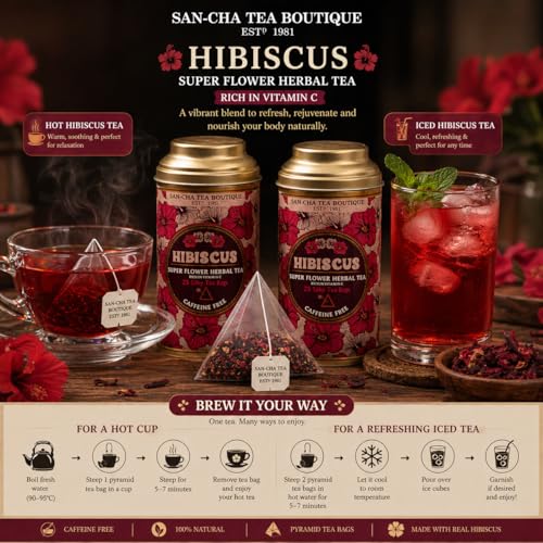 Image of Sancha Tea Boutique, Hibiscus Herbal Tisane, 25 Pyramid Bags (Pack of 2), Caffeine-Free, Real Flower Blend, Refreshing & Naturally Tart