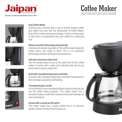 Image of Jaipan Coffee Maker 650 Watts Filter Coffee Machine with Glass Carafe | 6 Cups Capacity | Anti-Drip Function | Auto Keep Warm Plate | Water Level Indicator | Black