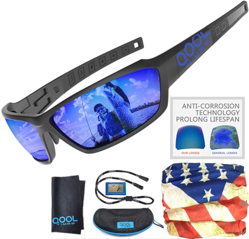 QOOL TIMES Polarized Men Fishing Black Sunglasses, Blue Lens Saltwater fishing, Sailing Boating Gifts Beach sunglasses