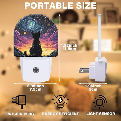 Image of Van Gogh Starry Night Night Light, Black Cat Night Lights Plug into Wall Dusk to Dawn Sensor Round Nightlight for Women Men Energy Efficient Led Lamp 0.5W for Stairway Hallway Bedroom