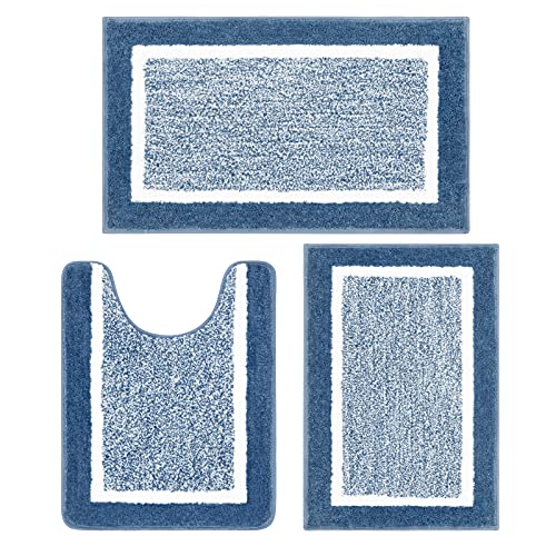 Pauwer Bathroom Rug Sets - 3 Piece Shower Mats with U-Shaped Contour Toilet Mat, Absorbent Microfiber Plush Bath Mats, Non Slip, Machine Washable Shaggy Floor Mats