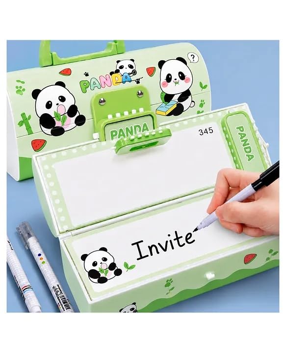 Image of Invite New Cartoon Theme Pencil Box with Push Pull Eraser Set for Kids | Suitcase Style Password Lock Stationery Organizer | School Supplies Gift Combo for Boys & Girls (Panda Green + Eraser)
