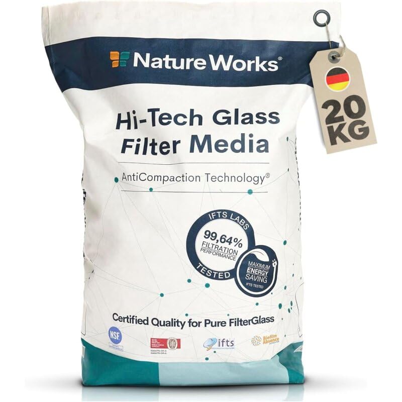Nature Works Hi-Tech - Cristal filtrante (20 kg, cristal filtrante natural, cristal blanco, cristal alternativo ecológico a arena filtrante, diámetro de grano 0,8 mm, 0,8 mm)