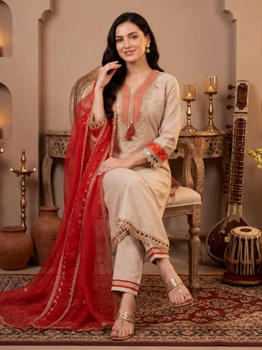 Image of INDO ERA Women's Silk Blend Embroidered Sequinned Kurta & Pant with Dupatta Set (IEAI13251)|Kurti Set For Woman