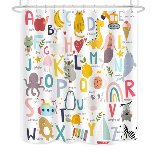 Image of Alphabet Shower Curtain Kids ABC Educational Learning Tool Baby Cartoon Animals Girls Boys Colorful Bathroom Decor Waterproof Fabric 72Lx60W Inch with Hooks