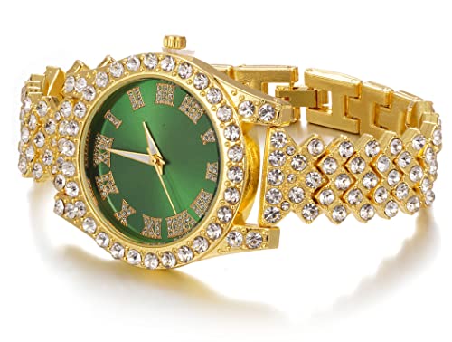 Image of Halukakah Diamonds Gold Watch Iced Out, Kid's 18K Real Gold /Platinum White Gold Plated 36MM Width Green /Blue /Red Dial Quartz Wristband 8 inch with Cuban Link Chain 7 inch+16 inch Bracelet, Free Giftbox