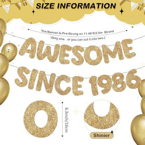 Image of Fulmoon Pre-strung Awesome Since 1986 Banner Glitter Happy 40th Birthday Banner Funny 40th Birthday Decorations 1986 Party Decorations for Men Women Anniversary(Champagne Gold)