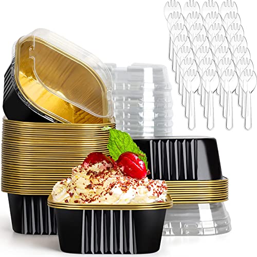 Axztyyla Square Baking Cups, 50Pcs 5Oz Aluminum Foil Mini Cake Pans With Lids, Disposable Creme Brulee Ramekins Muffin Tins Flan Cupcake Liners Dessert Cups Containers With 50 Spoons (Black, 50Pcs) #TOP14