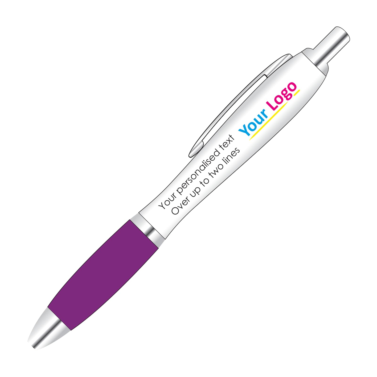 Full Colour Printed Logo Pens x 20 With Personalised Text Options for Custom Promotion With Purple Colour Grip.