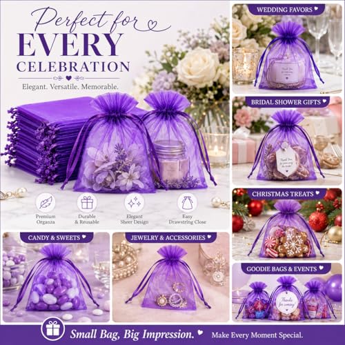 Image of Hopttreely 50pcs Purple Organza Bags, 4x4.72 inch Mesh Bags Drawstring Gift Bags Jewelry Pouches for Candy Wedding Favors Christmas, Bridal Showers, Candy, Jewelry & Goodie Bags