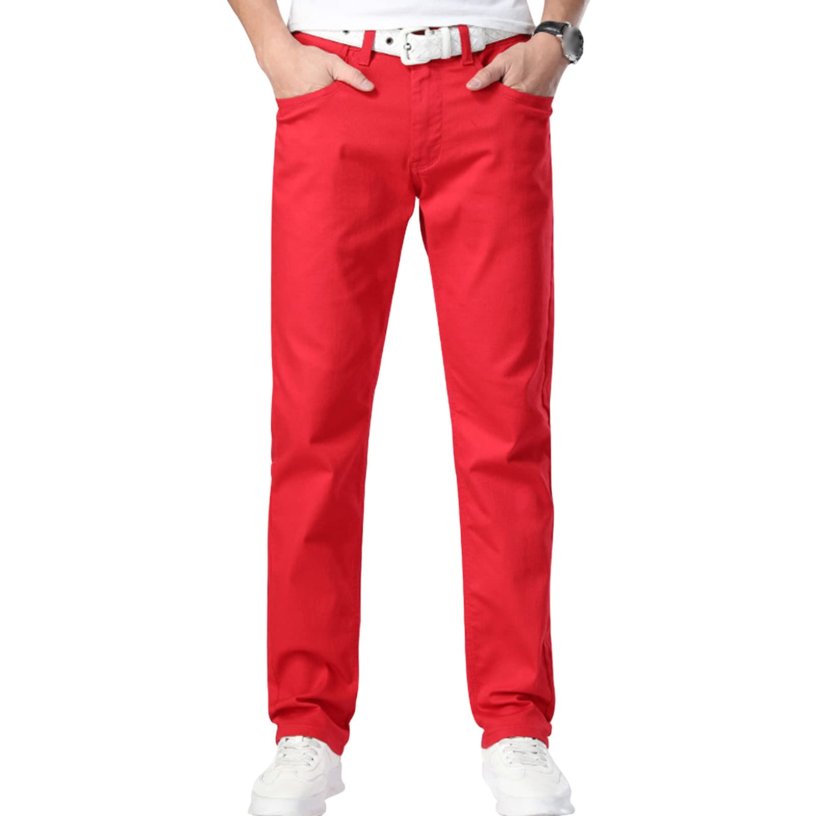 Men's Classic Slim Fit Skinny Jean Stretch Comfy Straight Leg Jeans Basic Vintage Washed Denim Pencil Pants (Red,38)
