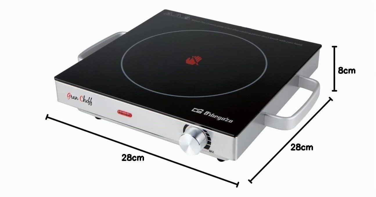 Orbegozo PCE 5000 - Plaque chauffante portable en vitrocéramique, puissance 2000 W, corps en acier inoxydable, thermostat réglable, couleur noire