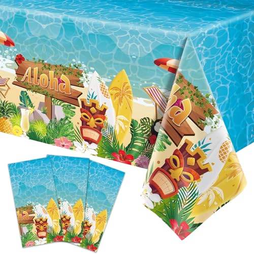 SpinLaLa 3-Piece 54 x 108 Inch Hawaiian Luau Plastic Tablecloth - Aloha Summer Beach Party Decorations Disposable Rectangle Table Cover for Dining Picnic Tiki Bar Pool Party Indoor Outdoor Use