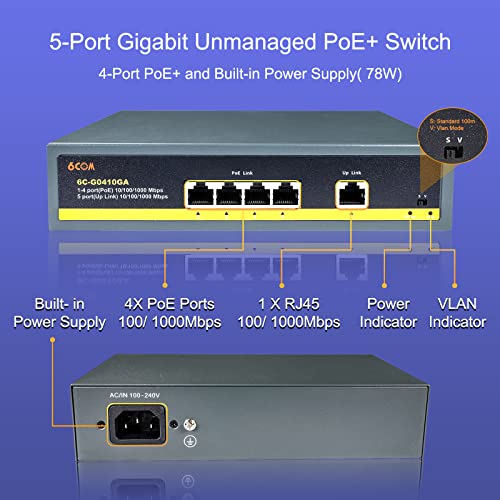 Image of 5 Port Gigabit Unmanaged PoE Switch with 4 Gigabit PoE+ Port, 1 Gigabit UP Link Port, 802.3af /at 78W (52V 1.5A), Built-in Power, Plug and Play