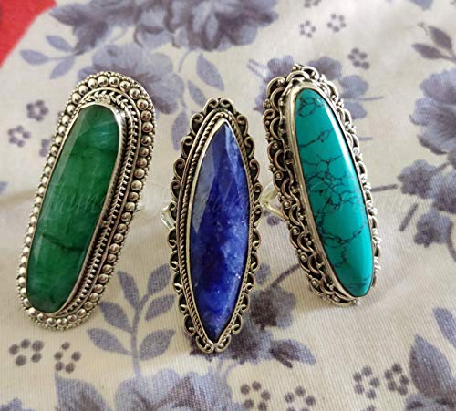 Emerald With Turquoise With Sapphire Ring, 925 Sterling Silver Ring, Long Full Finger Ring, Vintage Style, Three Rings, Jewelry Sets, Bridal Party Ring, Bohemian Jewelry, Friendship Ring, Gypsy Ring