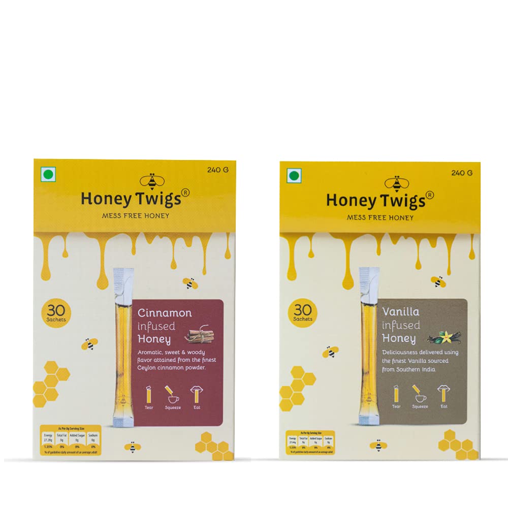 Honey Twigs Cinnamon Honey and Vanilla Honey Combo, 480g (240g x 2 Packs - 60 Sachets) |Traceable Source | Infused with Healhty Concentrates | Zero Additives | Zero Added Sugar