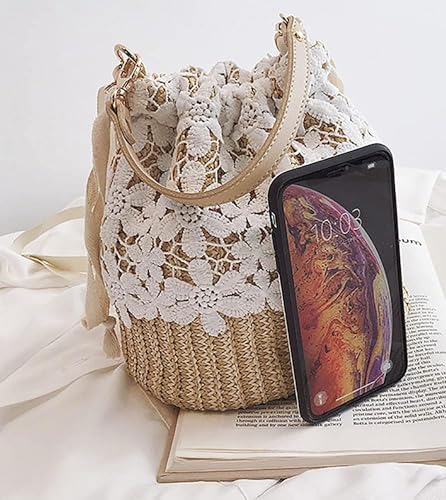 Bolso de paja tejido para mujer estilo cubo miniatura 5