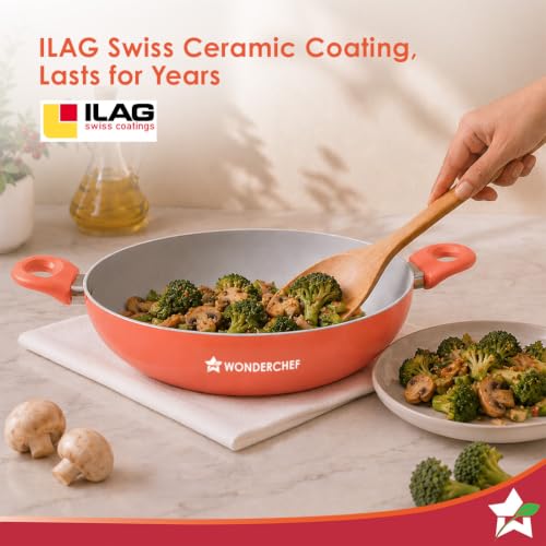 Image of Wonderchef Natura Ceramic Kadhai & Glass Lid for Cooking, 24cm, 2.5L, Non-Toxic Chemical-Free Coating, PFOA /PFAS-Free, for Kitchen, Scratch-Resistant, Gas & Induction Compatible, 2-Yr Warranty, Peach
