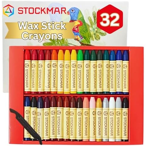 STOCKMAR Beeswax Stick Crayons - Set of 32 Jumbo Crayons, Non Toxic, Beeswax Crayons For Toddlers, Kids -Waldorf Homeschool -Waldorf Art Supplies- Includes Storage Box Cover