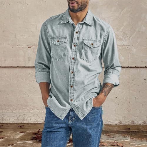 Men's Regular Fit Denim Button Down Shirts Casual Chambray Long Sleeve Lightweight Tops Casual Spread Collar2