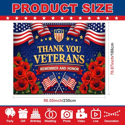 Image of BlissYard Thank You Veterans Backdrop Veterans Day Military Appreciation Banner Patriotic Tribute Decorations 8x6ft Remember and Honor Decor 4th of July Independence Day Patriotic Celebration