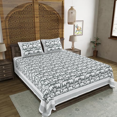 Image of BLOCKS OF INDIA Hand Block Printed 200 TC Cotton Super King Size Bedsheet (Grey GAD ELE)