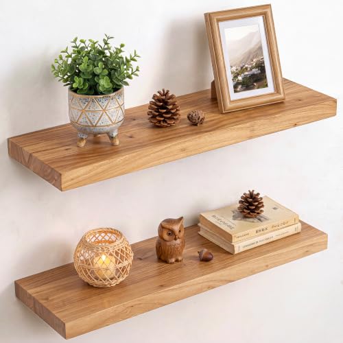 Image of RICHFOCUS Elm Floating Shelves for Wall - 22 inch W x 9.3 inch D Rustic Solid Wood Shelves with Invisible Bracket, Wall-Mounted for Living Room, Bedroom, Kitchen Storage & Display, Set of 2, Natural