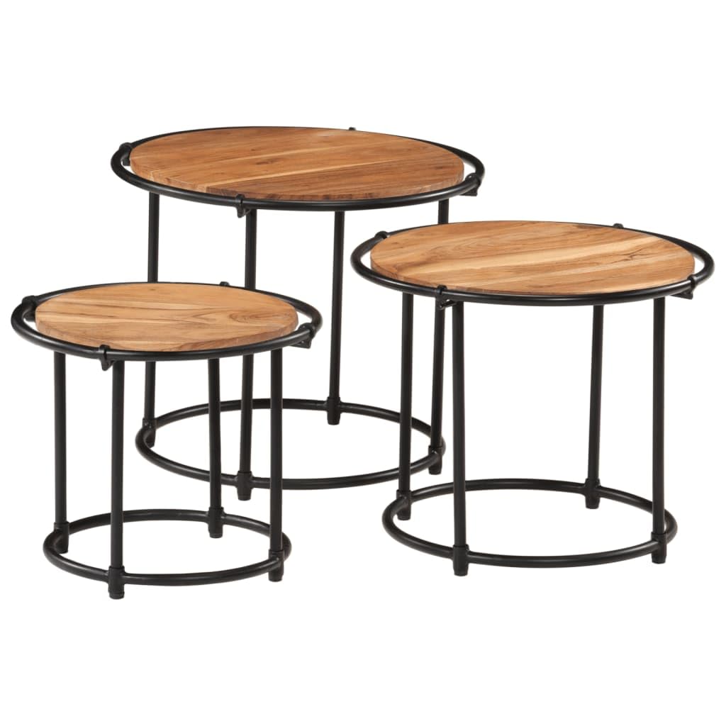 SXZenSpace Nesting Tables 3pcs Solid Acacia Wood Coffee & Side Table Set, Natural Brown, 55 cm Round, Space-Saving Stackable End for Living Room Bedroom Hallway