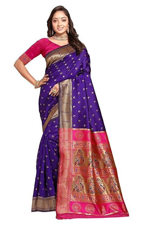 Image of C J Enterprise Women's Pure Kanjivaram Silk Saree Paithani Soft Wedding Sarees With Blouse Piece (Chand paithani)