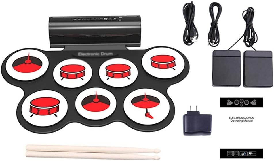 Silica Gel Electronic Drum Set Roll Up Portable Practice Pad Kit Built-in 2 Effect Pedals Drumsticks for Kids Beginners.