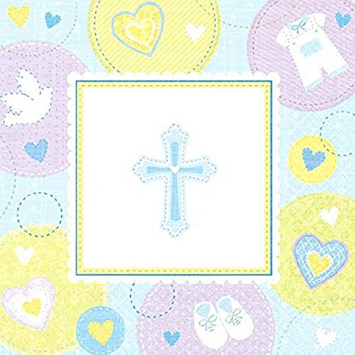 Image of Amscan Sweet Blue Christening Party Beverage Napkin Tableware, Paper, 5" x 5", Pack of 16