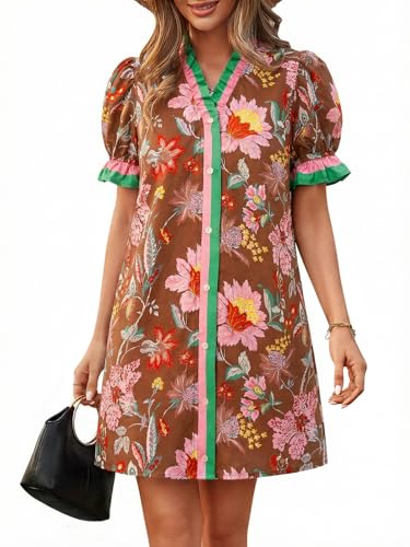 Wenrine Womens Summer Mini Dresses Casual Floral Puff Short Sleeve V Neck Button Down Ruffle Beach Sundress with Pockets Brown