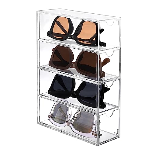 Hipiwe Acrylic Sunglasses Organizer with 4 Drawers Clear Eyeglass Case Eyeglass Storage Display Holder Multipurpose Drawer Organizer Tray for Jewelry Watch Perfume Vanity