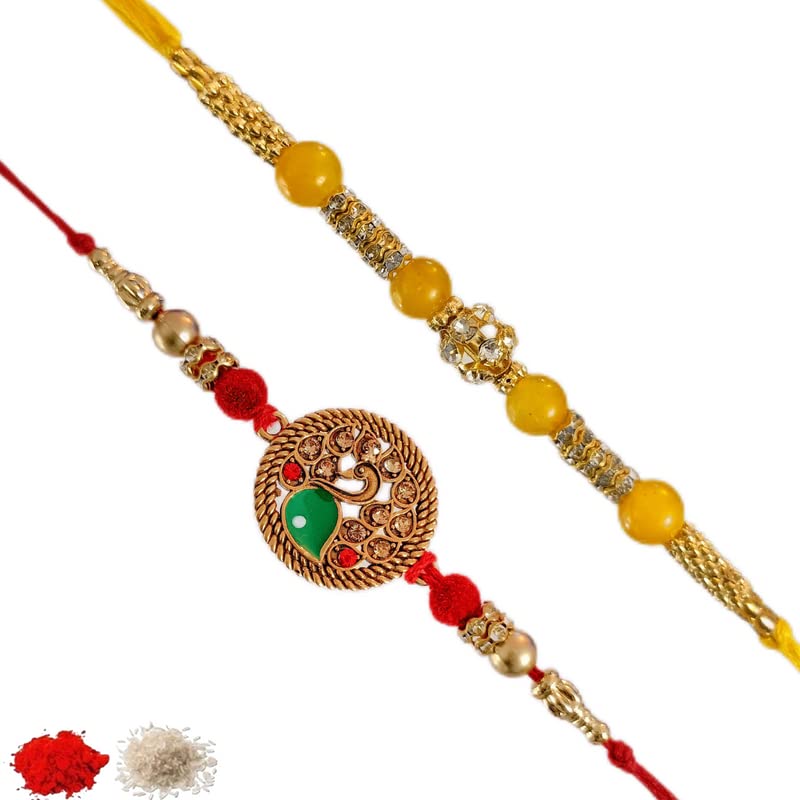 Geetanjali Crafts Handmade Rakhi Set – 6 Multicolor Gold Plated Rakhis With Pearls, Beads, Card, Roli & Chawal - View #2