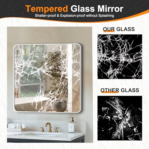 Image of Delma Bathroom Vanity Mirror, Silver Framed Mirror for Over Sink, 30x30 | HD glass, distortion-free for makeup and grooming, Sturdy frame, all mounting hardware, hangs horizontal or vertical