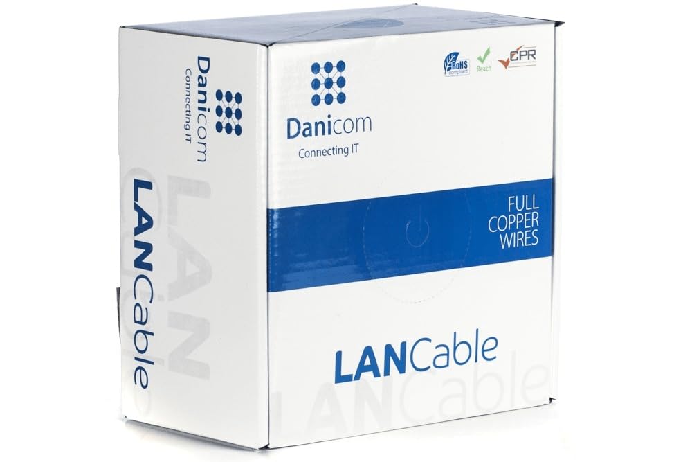 Danicom CAT6A S/FTP 100m cable sur bobine rigide - LSZH (Dca), POE, Ethernet, LAN, câble de raccordement, câble de données, RJ45 - pour armoire de serveur, commutateurs, routeurs, modems !