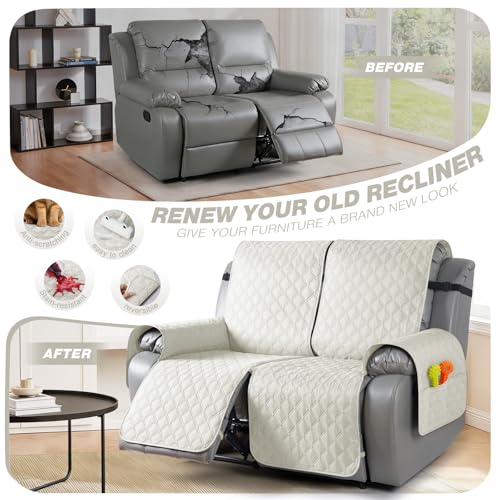 Image of TAOCOCO 100% Waterproof Recliner Covers, Recliner Sofa Covers with Leg Straps, Reversible Recliner Couch Cover for Reclining Chair, Washable Couch Protector for Pets Kids(2 Seater, Off White)