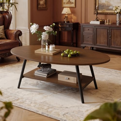 Hawthyhome Round Side Table 2-Tier Coffee Table with Storage Modern Solid Wood Table Metal Frame for Living Room Bedroom Lvory Brown