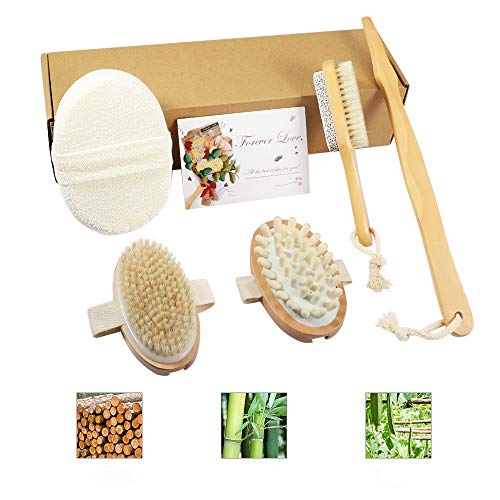 BUTEFO 4 Pack Shower and Bath Set with Natural Boar Bristles Bath Brush, Pumice Stone Brush for Foot Callus, Dry Brush SPA Massage for Cellulite and Lymphatic, Natural Loofah Sponge for Women Kids