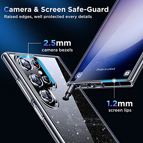 Humixx Clear Glitter For Samsung Galaxy S23 Ultra Case, [Never Yellow] [Mil-Grade Shockproof Protection] 2X Flexible Screen Protector + 2X Camera Protector Soft Slim Transparent Protective Case 6.8 #TOP4