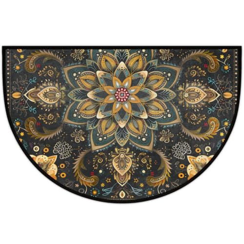 Image of cfpolar Half Round Door Mat Ethnic Mandala Boho Flower Non-Slip Semi Circle Area Rug Washable Half Moon Hearth Rugs for Indoor Outdoor Bathroom Kitchen Patio Runner Mat Laundry Room Home Decoration