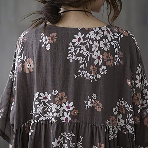 Domary Vestido feminino vintage de linho de algodão com estampa floral O pescoço, meia manga, bolso
